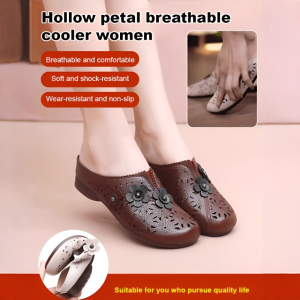 Womens Hollow Petal Breathable Sandals Flat Bottom Comfort Non-Slip Shoes Summer Single Shoes Slip-On Mom Shoes Comfortable Flats