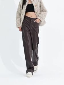 2026 Trendy Fall Winter Fleece Loose Wide Leg Warm Leather Pants Women Button Pocket High Waist Thick PU Casual Straight Pants2026