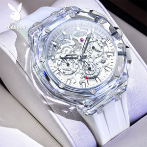 PLAYBOY Automatic Skeleton Watch | Black Ion-Plated Chronograph with Silicone Band | Transparent Open-Heart Design for Men & Women