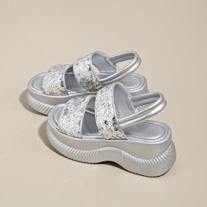 Free Shipping New WomenS Platform Sandals 2026 Summer Outdoor Wear Silver Sequin Height-Increasing Perfect For Petite Figures Paired With Dresses Platform Shoes