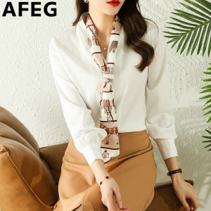 AFEG solid color Korean version V-neck streamer fashion loose temperament silk satin long sleeve blouse
