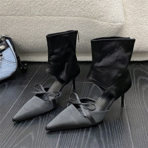 Summer PU Sandals Pointed toe Butterfly-Knot Boots Solid Womens Thin Heel Side Zipper Sewing Party Mid-Calf Pink