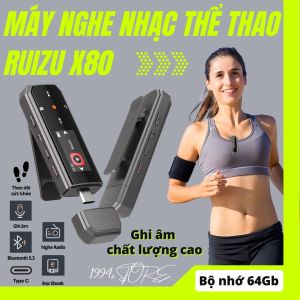 Ruizu X80 Máy nghe nhạc thể thao có kẹp áo kiêm máy ghi âm siêu nhỏ gọn để học tiếng Anh - Bộ nhớ 64Gb - Bluetooth 5.3 - Chui Type C