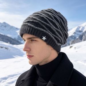 LUMIYA Faux Rabbit Fur Slouchy Beanie Hat Thickened Knit Fleece Lined Cuffed Beanie  Striped Texture Cuffed Brim Beanie Winter Wear