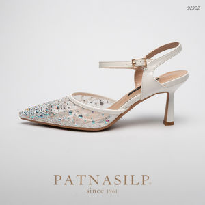 𝐏𝐀𝐓𝐍𝐀𝐒𝐈𝐋𝐏 รองเท้าเจ้าสาว ไปงาน ลูกไม้โปร่งติดเพชร ปิดหน้า เปิดส้น มีสายรัดข้อเท้า สูง 3 นิ้ว | 92302