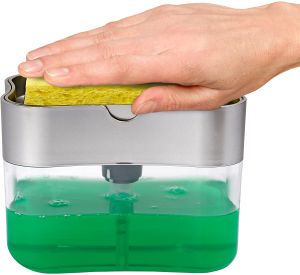 DISH WASHING SOAP PUMP DISPENSER and SPONGE HOLDER 2 in 1 KITCHEN LIQUID SOAP PUMP DISPENSER DISH SOAP DISPENSER CADDY COUNTER TOP SOAP DISPENSER Countertop SOAP SPONGE CADDY