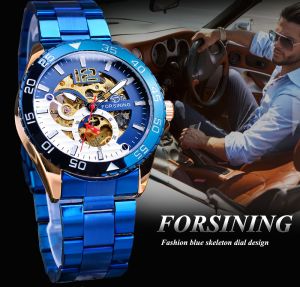 Forsining Mechanical Mens Watch Top Brand Luxury Automatic Stainless Steel Skeleton Blue Dial Waterproof Casual Clock. Gifts for men