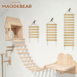 DewyBabe Cat Climbing Ladder Wooden Slat Rope Wall Mounted Cat Tree Furniture Scratch Training Indoor Home