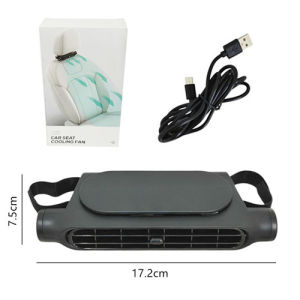 Car seat cooling fan with headrest attachment white and teal design portable adjustable airflow suitable for vehicle interior.