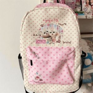 Kawaii Contrast Color Cat Dot Backpacks Patchwork High-capacity Preppy Schoolbags Shoulder Bag Students Girl Travel Book Bag2026