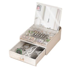 BIGCOUSIN 2ชั้นค่ะ กล่องเครื่องประดับพร้อมกระจก ป้องกันฝุ่นและฝุ่น กำมะหยี่ภายใน ที่วางแสดงเครื่องประดับ ใช้งานได้จริง ลิ้นชักลิ้นชักเก็บของ ที่จัดเก็บเครื่องประดับ สร้อยคอสำหรับผู้หญิง