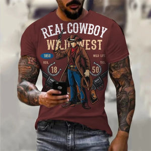 Vintage Cowboy T Shirts Mens Clothing Round Neck Short Sleeves T-shirt Harajuku Streetwear 3D Printed Casual Cool Tees Top