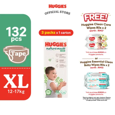 Huggies Naturemade Tape Diapers M64/L54/XL44 (3 Packs) - No harmful chemicals super premium diapers for baby