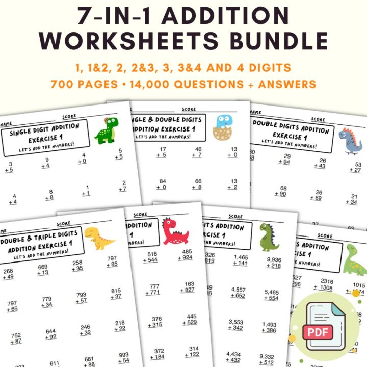 Printable Addition Mathematics Worksheets 7-IN-1 Bundle | 700 Pages ...