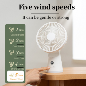 Portable Desktop Fan USB Fan Rechargeable Fan with 5 Speed Setting Strong Wind Silent Super Long Battery Life With light