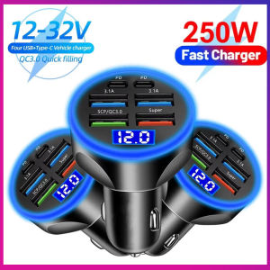 6in1 Car Charger 4 Usb Port 2 Type-C Pd Car Charging Station Charger Car Mounted Charger with Led Digital Display