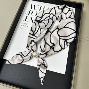 PLLEWY Camellia Print Silk Scarf No Tie ic Pearl Buckle Choker Scarf Elegant Decorative Women Neckerchief Summer