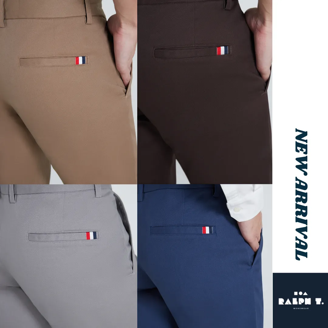 RALPH T OFFICIAL กางเกงขายาวผู้ชาย กางเกงชิโน่ ทรงกระบอกเล็ก ธง 3 สี SLIM FIT LONDON PANTS - สแล็ค สีดำ สีกรม สีกากี สีขาว สีเทาอ่อน