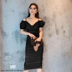 MyDu Shop | Đầm Thun Lưới MS 2374 – Trễ Vai Nhún Thân Cổ Tim Chéo Quyến Rũ