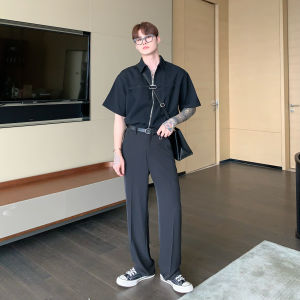 เสื้อเชิ้ตแขนสั้น คอปก ผู้ชาย (Size : M-3XL) แบบรูดซิปเท่สไตล์เกาหลี ผ้าวาฟเฟิลไม่หนา ใส่สบายมากๆ เหมาะกับช่วงหน้าร้อน