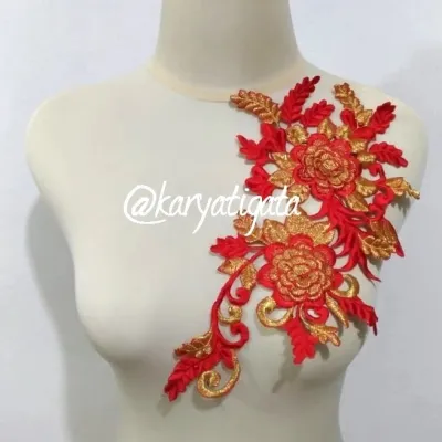 [ KARYATIGA ] Renda Aplikasi Tabur Bordir Bunga 2 Warna (Kombinasi Emas)