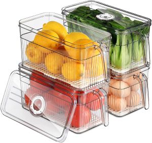 GRATEFUL INFINITY: Stackable Refrigerator Organizer Bins with Drain Tray & Front Handle