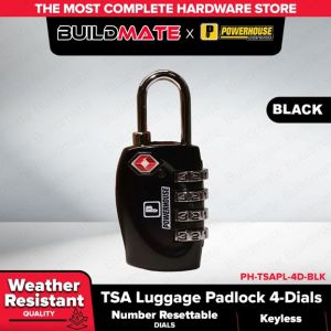 Buildmate x POWERHOUSE 4-Dials TSA Luggage Padlock (Silver/Black) - PHDH