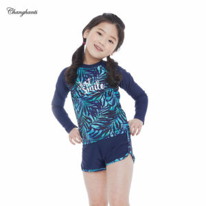 3 Pieces Set Swimwear for Kids Girls Swimming Suit for Kids 3 In 1 Set Long Sleeve Rash Guard for Teens Swimming Outfit for Girls 3-16 Y Child Swimsuit Deep Blue with Leave Pattern