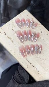 Pink Gradient Cat Eye Press On Nails Butterfly Pearl Rhinestone Handmade False Nails
