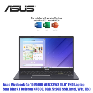 Asus Vivobook Go 15 E510K-AEJ731|732|733WS 15.6 FHD Laptop Celeron (N45008GB DDR4512GB SSDIntel HDW11OFFICE)