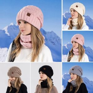 OUTOPEAN 2Pcs/Set Chống gió Bộ mũ và khăn len Chống lạnh Đã được làm dày Mũ len Thời trang Giữ ấm Mũ bảo vệ tai dành cho phụ nữ