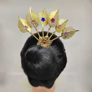 GBSDN Ancient Style Headwear Thai Headdress Leaf Ancient Hanfu Headwear Metal Hair Sticks Exquisite Flower U Shape Hairpin Women