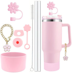 Cup Accessories for Stanley Cup Set of 9 Straw and Brush and 1 Flower Charm Chain 3 Spill Proof Stopper Flowers Straw Cover Boot2026