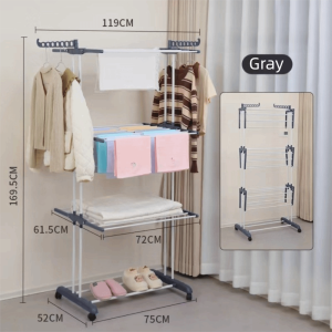 MIRELINA Plastic Clothes Drying Rack 4-Tier Large Size Foldable Clothes Airer Adjustable with Hook Movable Clothing Rack Household
