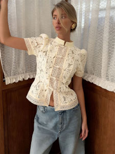 Tossy Fashion Hollow Out Lace Shirts Cardigan Womens Short Sleeve See-Through Patchwork Commute Top Female Summer Lace Blouses2026