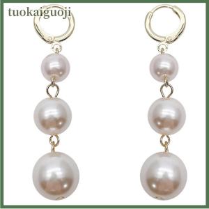 tuokaiguoji White Imitation Pearl Long Dangle Earrings For Women Golden Color Metal Hoop Earrings Wedding Party Fashion Elegant Jewelry Gift