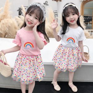 2-6 Years Summer Children Girls Clothes Set Rainbow Print T-Shirt + Polka Dot Skirts