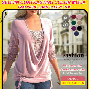 sunmi Sequin Ruched Faux Two-Piece Top Loose Gathered Faux Two-Piece Long Sleeve Top with Drop Neck