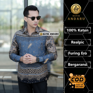 Batik Andaru Kemeja Batik Pria Lengan Panjang Modern Elegant Bahan Katun Premium Lapis Furing Warna Biru Denim