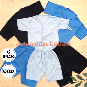 Paket 6pcs Setelan Baju Bayi Baru Lahir Lengan Pendek kekinian Polos Seri Biru - juragan Lebak