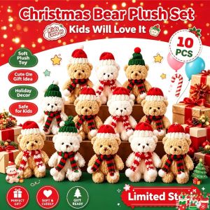 Mini Christmas Plush Teddy Bear Set with Hat Scarf Xmas Tree Cake Bouquet Decor Gift
