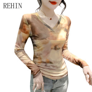 REHIN เข้ารูปพอดีตาข่ายคอวีลายพิมพ์แขนยาวผู้หญิงใหม่ฤดูใบไม้ร่วง/ฤดูหนาว