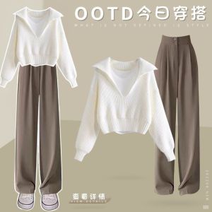 plus Size Womens Clothing Autumn Suit Women 2022 New Western Style Leisure Vest Knitted Sweater Wide Leg Pants Three-Piece Set