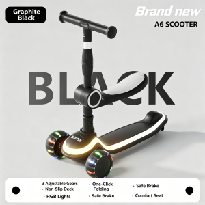 A6 Kids Scooter 3 Wheel Height Adjustable 66-80CM Handlebar Colorful LED Light Wheels Safe Wrap Foot Brake Stable Anti-Rollover Scooter For Boys Girls 1-12 Years Old Available In Black Pink Blue Lightweight 2.5kg Kids Outdoor Play Toy
