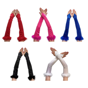 ถุงมือยืดโซ่ขนนกสีขาวดำแบบดั้งเดิมอุปกรณ์เสริมแบบเป็นทางการผ้าฝ้ายยืดสำหรับงานแต่งงานบนเวที