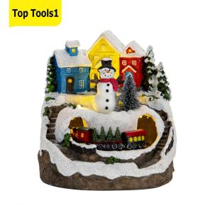 Resin Garden Ornament Music LED Light Collectible Figurines Village Rotating Statue for Christmas Home Decor Gift
