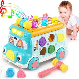 BABYBANG Montessori Music Activity Bus Baby Toy Plastic Interactive Game Bus Music Educational Toys Beating Game Sound Whack-a-Mole Toys Baby Girls Gifts