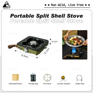 Portable double-burner camping stove with piezo ignition foldable design safety features portable for outdoor use.