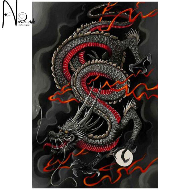Áp phích hoạt hình rồng đỏ đen treo tường bằng vải bố nghệ thuật ...