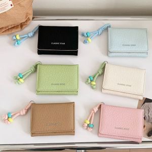 KEURGFKI Sweet Cute Tri-Fold Purses Portable PU Leather Candy Color Wallet Pouch Bead Chain Folding Card Holder Girls